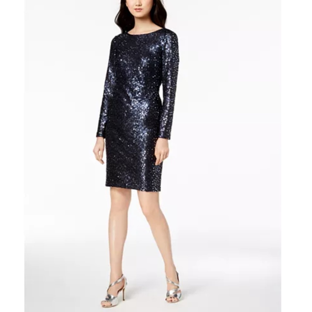 NWT! Calvin Klein Sequined Cowl-Back Blue Sheath Dress 4 6 - Picture 2 of 4